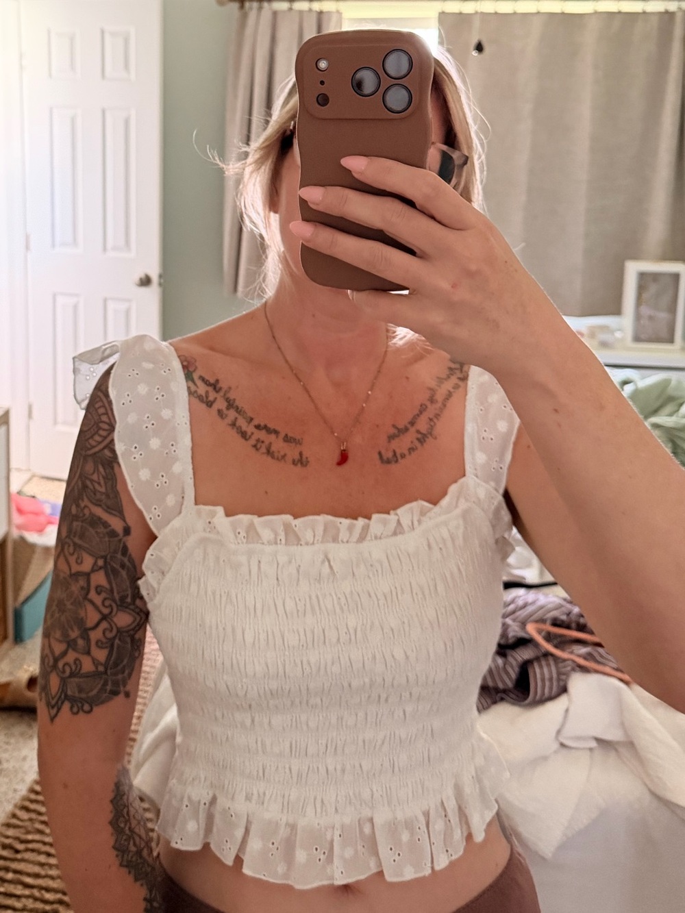 Women’s White Eyelet Smocked Cropped Tank Top